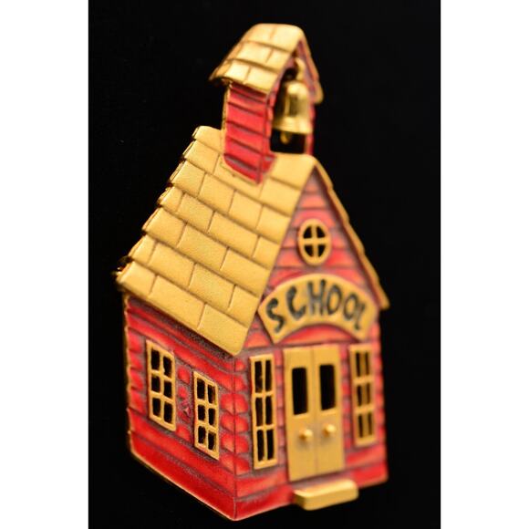 Tara Vintage School Pin Brooch Red Enamel Brushed Gold Signed 1980s Bin4 - Picture 3 of 12